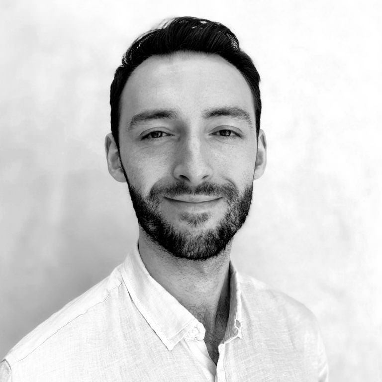 Black and white photo of Grant Trewella