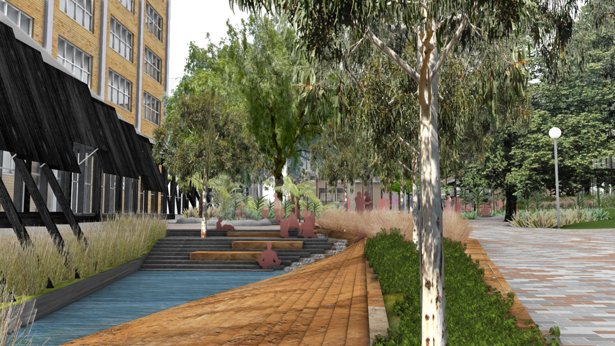 The eel pond flanks the eastern edge of the new Murrup Barak building